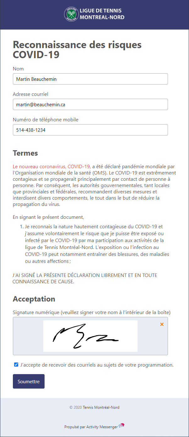 Formulaire électronique de reconnaissance des risques COVID-19 conçu avec Actvity Messenger